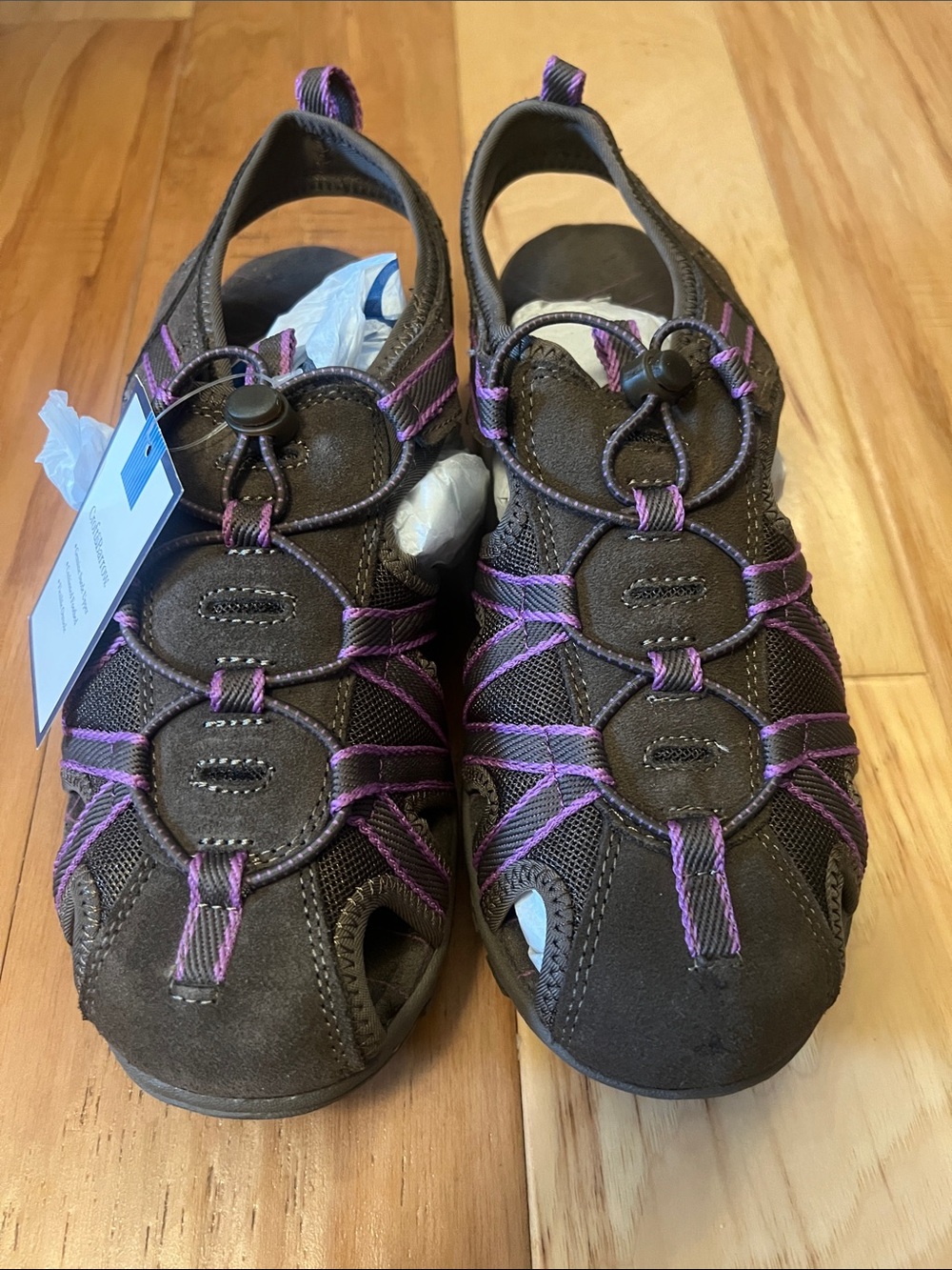 Women’s Comfort Closed-Toe Sandals in Brown with Purple Accents